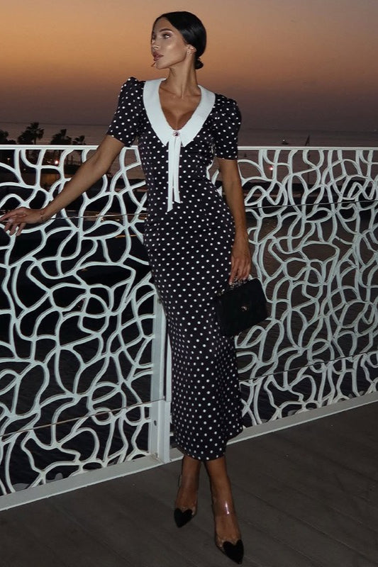 Lunares Escote en V Manga Globo Ajustado Vestido Maxi