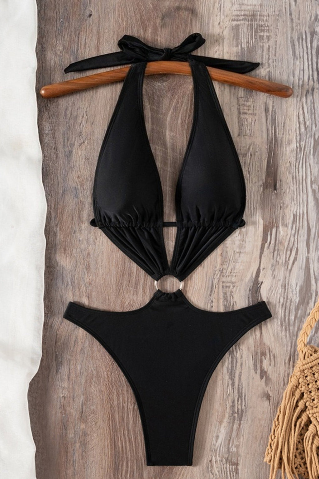 Sexy Black Cutout Halter One Piece Swimwear