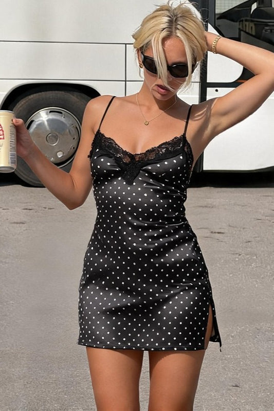 Polka Dot Lace Trim Backless Cami Mini Dress