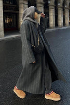 Long striped V-neck wool coat