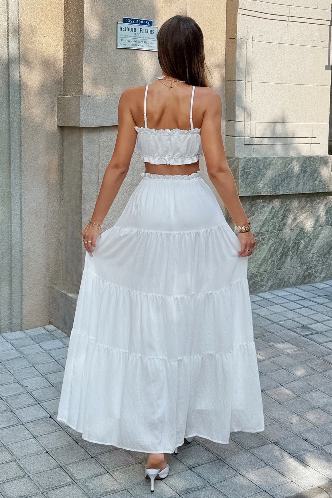 White Ruffle Trim Cami Tube Top Skirt Set