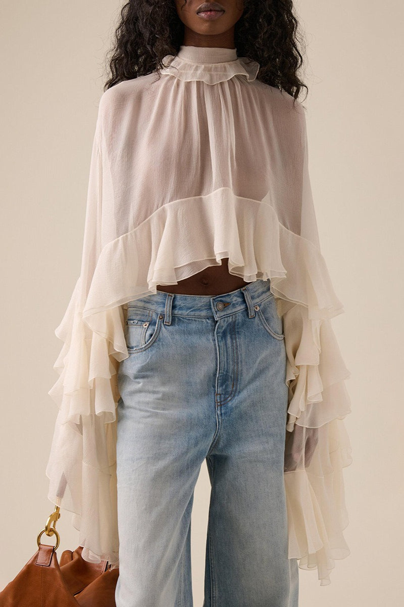 Gasa En Capas Volantes Manga Larga Crop Blusa