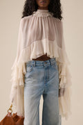 Gasa En Capas Volantes Manga Larga Crop Blusa