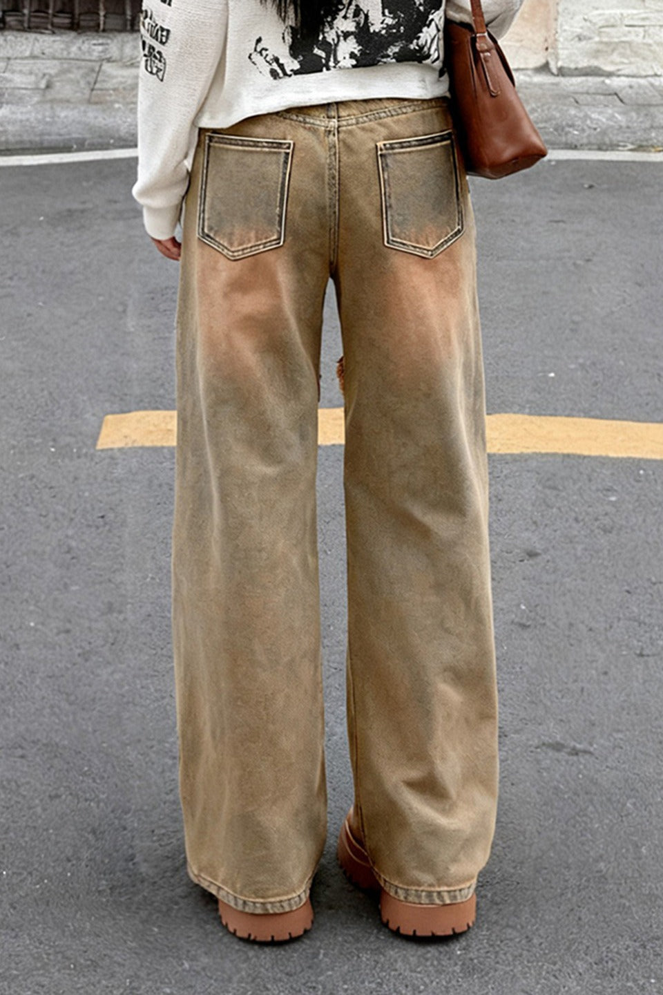 Distressed Frayed Detail Panel Straight Leg Jeans