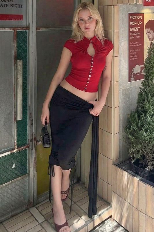Button Front Lapel Short Sleeve Blouse