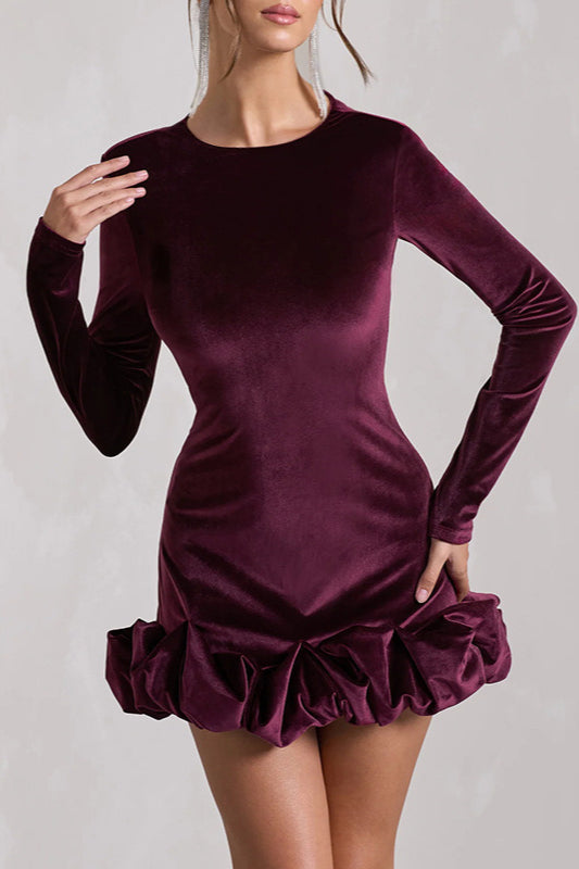 Vestido Midi de Terciopelo, Cuello Redondo, Fruncido