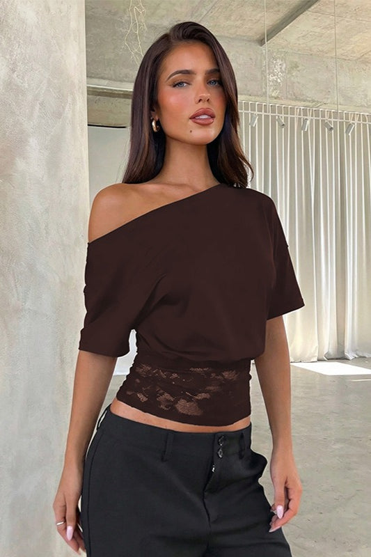 Asymmetrical Shoulder Lace Patchwork Cropped Tee