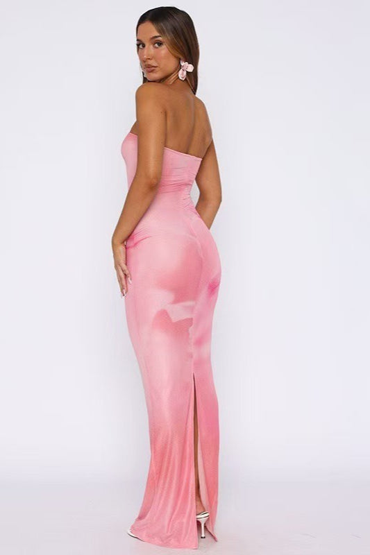 Strapless Bodycon Back Slit Vacation Dress