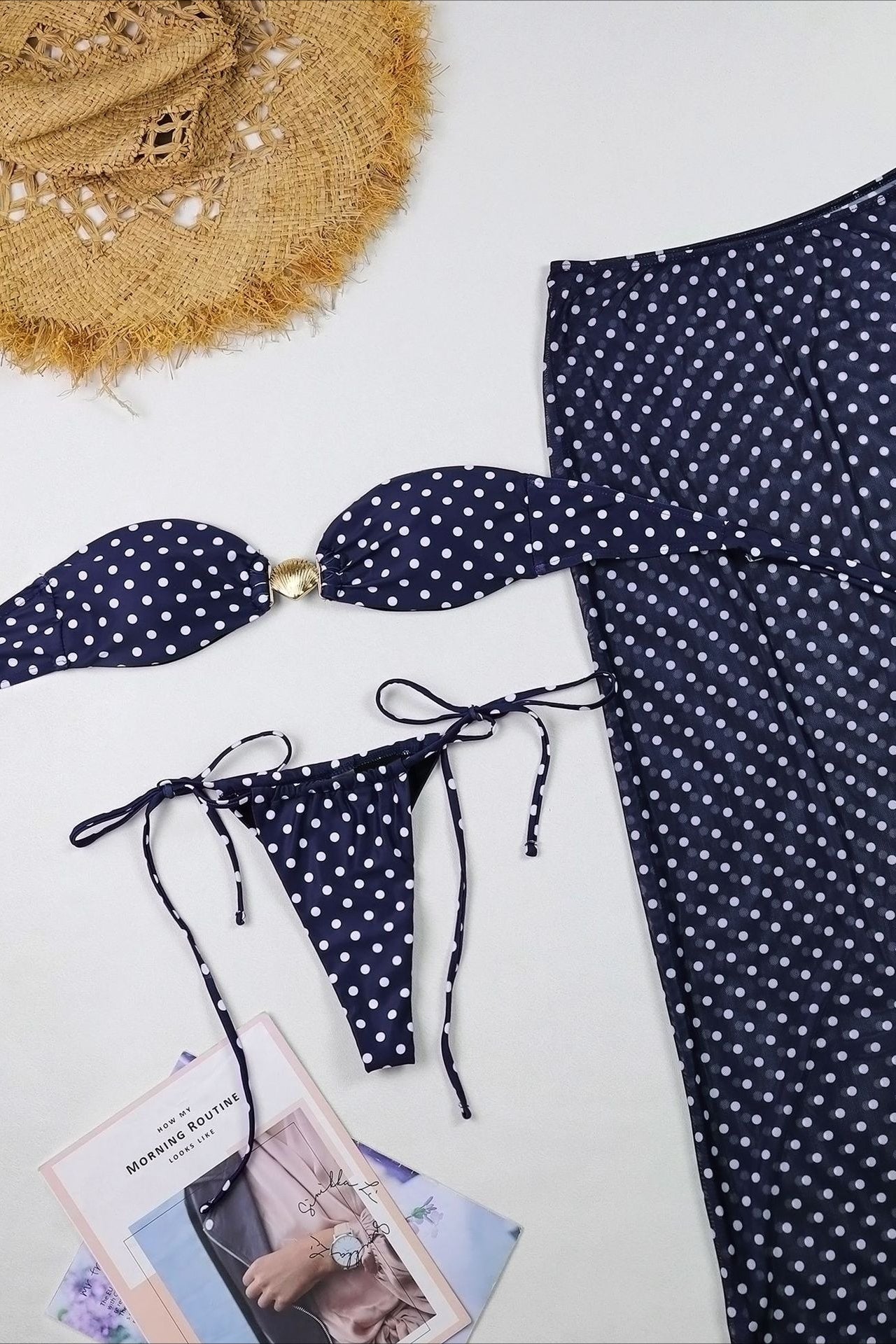 Bandeau Polka Dot Skirt Three Piece Swim Set