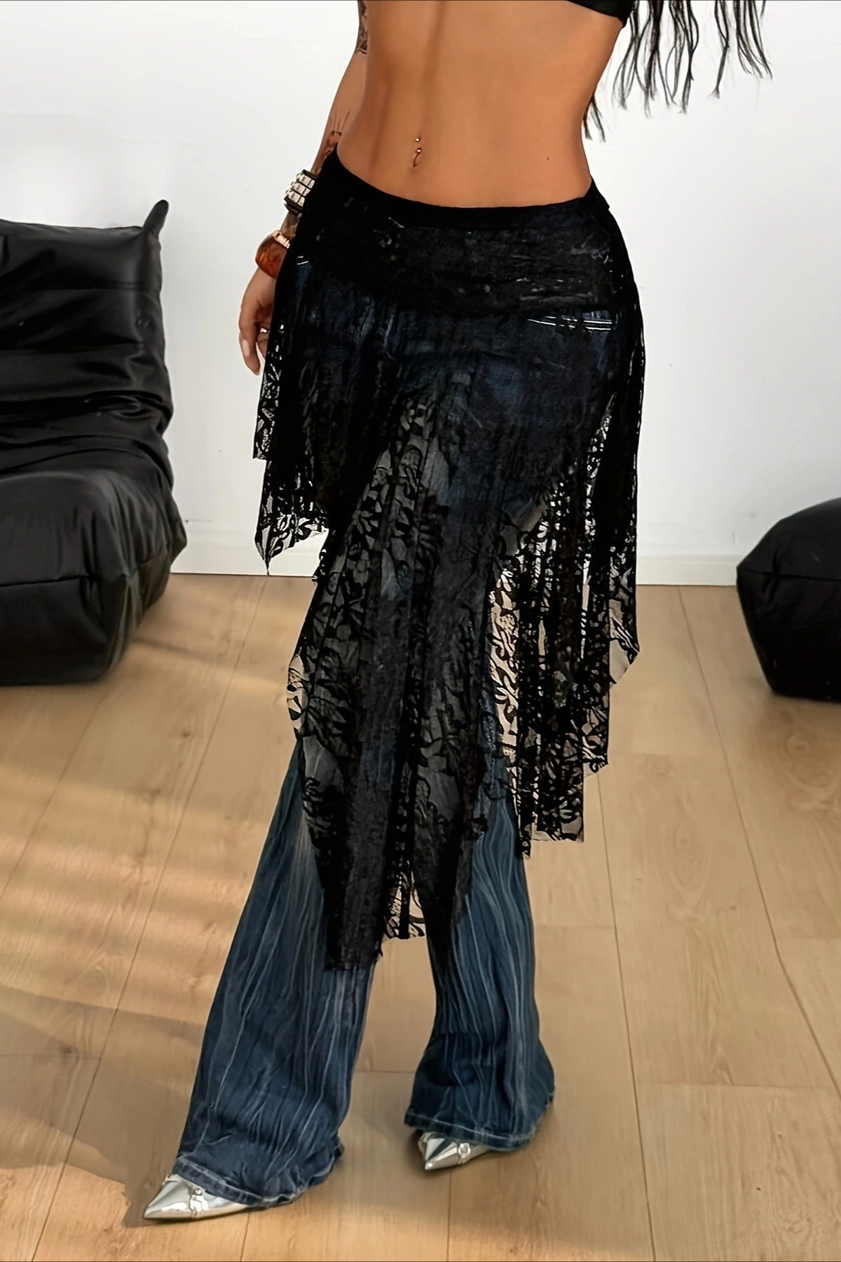 Y2K Punk Lace Asymmetric Midi Skirt