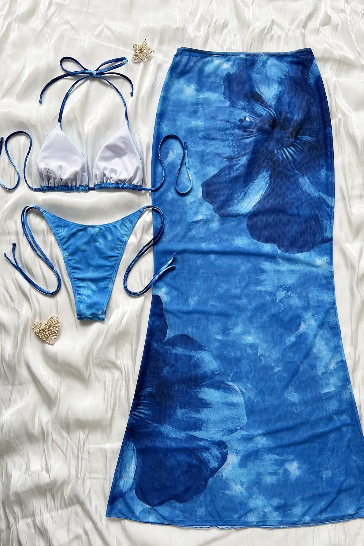 Blue Tie Dye Print Beach Three Piece Swim Set