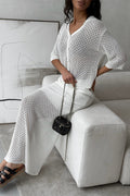 Openwork Collared Cardigan Maxi Skirt Set