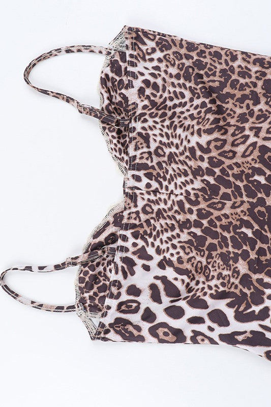 Lace Slit Spaghetti Strap Leopard Print Maxi Dress
