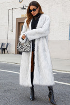 Long faux fur coat with V-neck