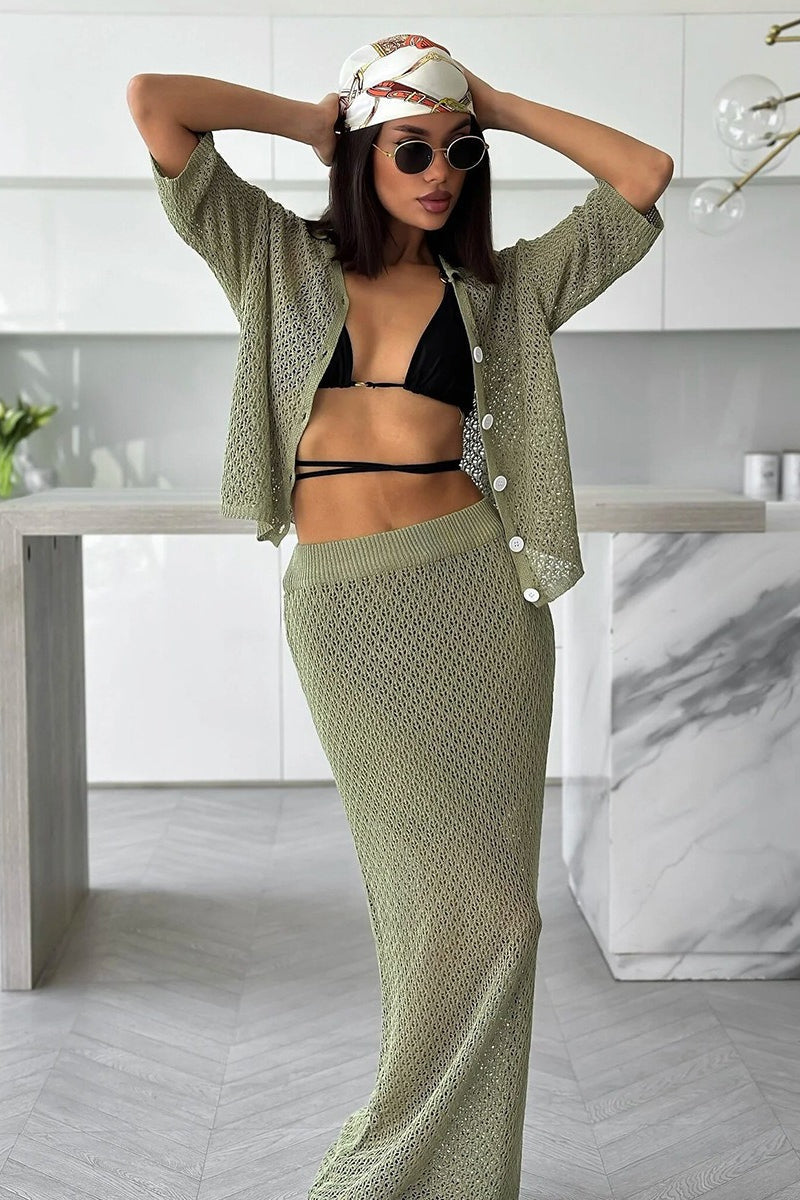 Openwork Collared Cardigan Maxi Skirt Set