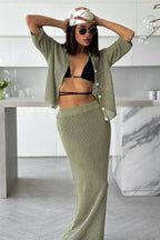 Openwork Collared Cardigan Maxi Skirt Set