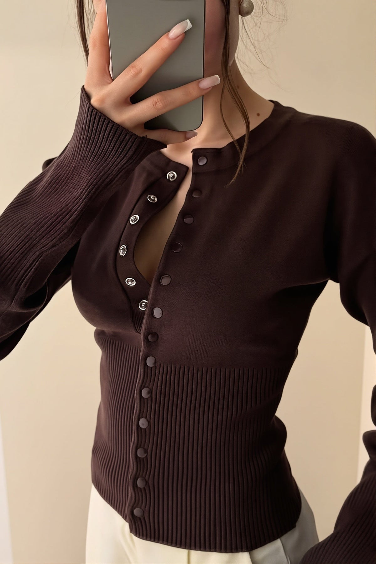 Ribbed Round Neck Fitted Waist Cardigan