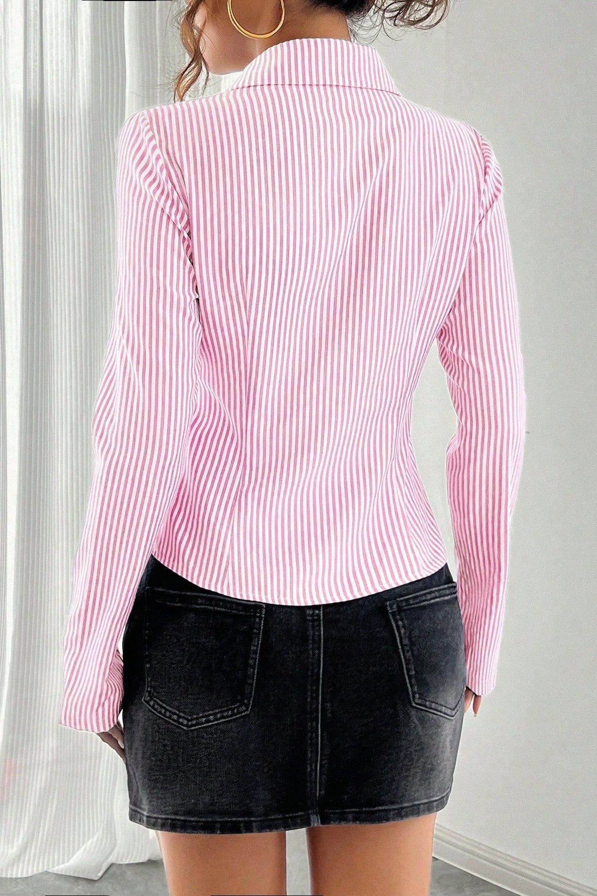 Escote en V A Rayas Manga Larga Blusa
