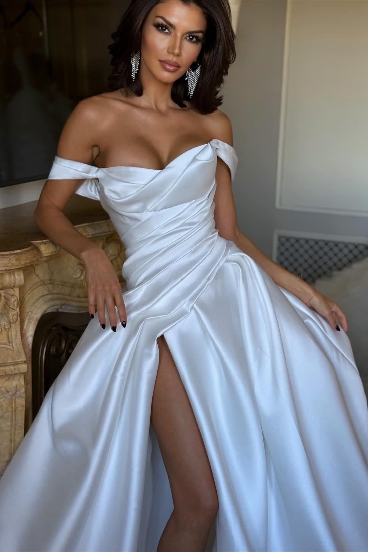Off Shoulder Satin Ruched High Slit Wedding Dress