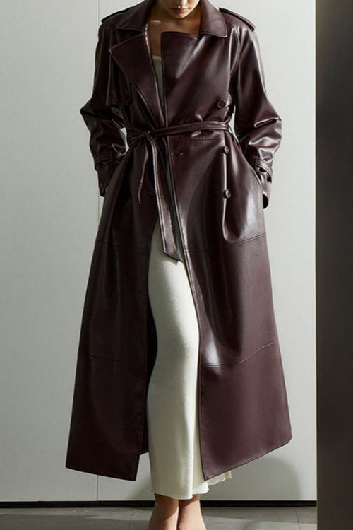 Fitted faux leather coat with belt