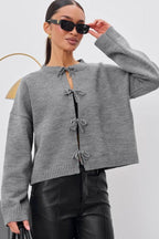 Tie Front Crew Neck Relaxed Knit Cardigan