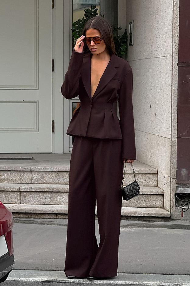 Plunging Neckline Two Piece Blazer Pants Set