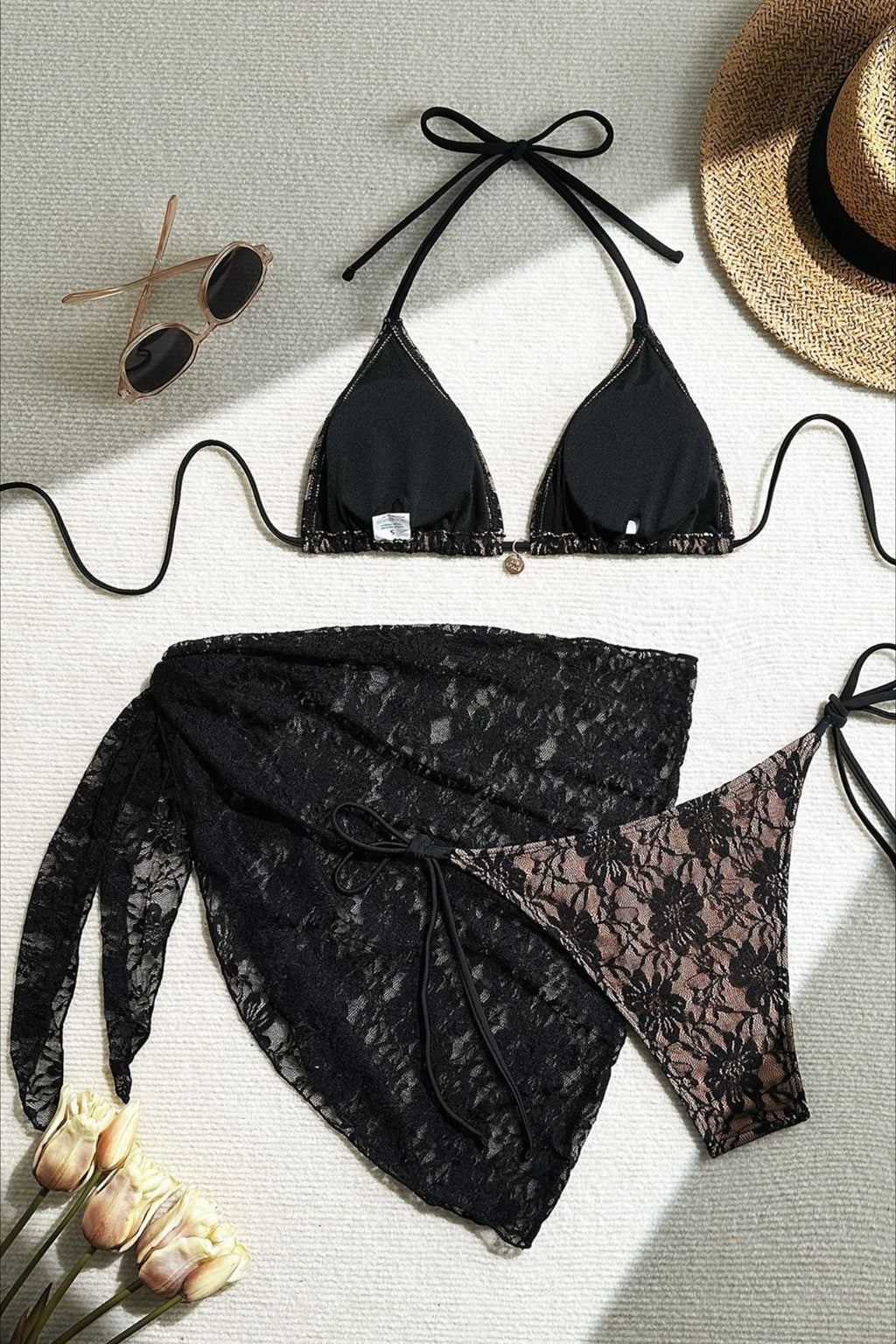 Lace Mesh Mini Skirt Three Piece Swim Set