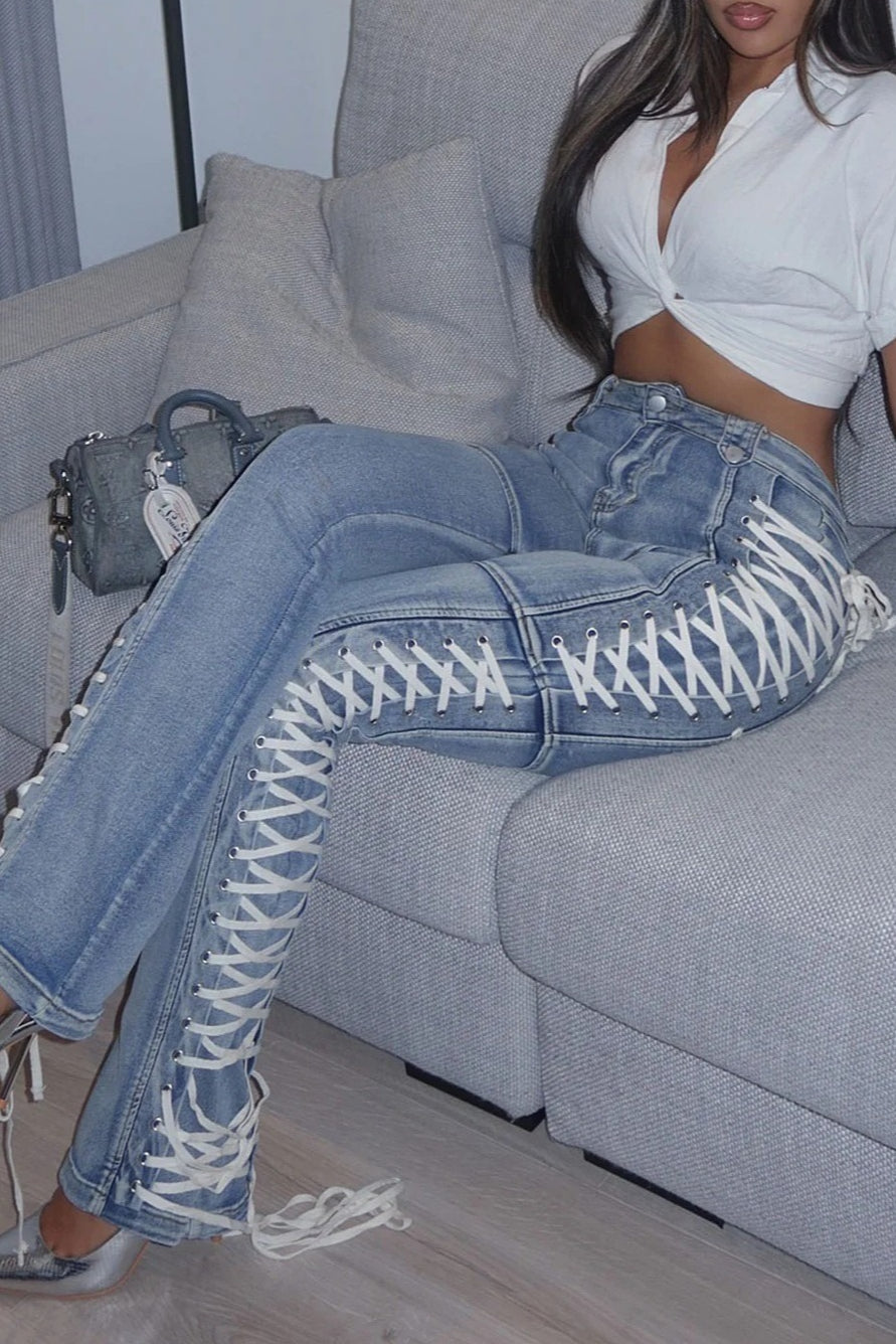 Side Lace High Rise Stretch Bootcut Jeans