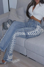 Side Lace High Rise Stretch Bootcut Jeans