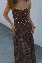 Retro style halter maxi dress with polka dots, patchwork, and ruching
