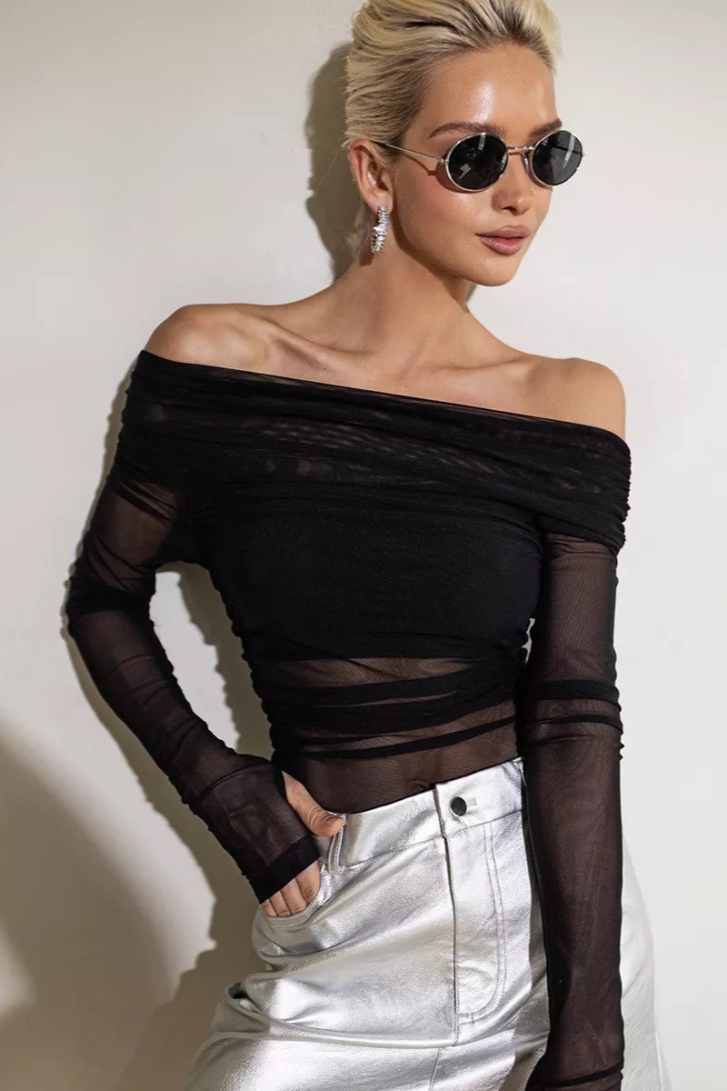 Off Shoulder Sheer Mesh Slim Fit Long Sleeve Tee