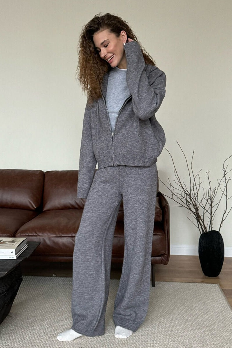 Hooded Zip Cardigan Wide Leg Pants Knit Set
