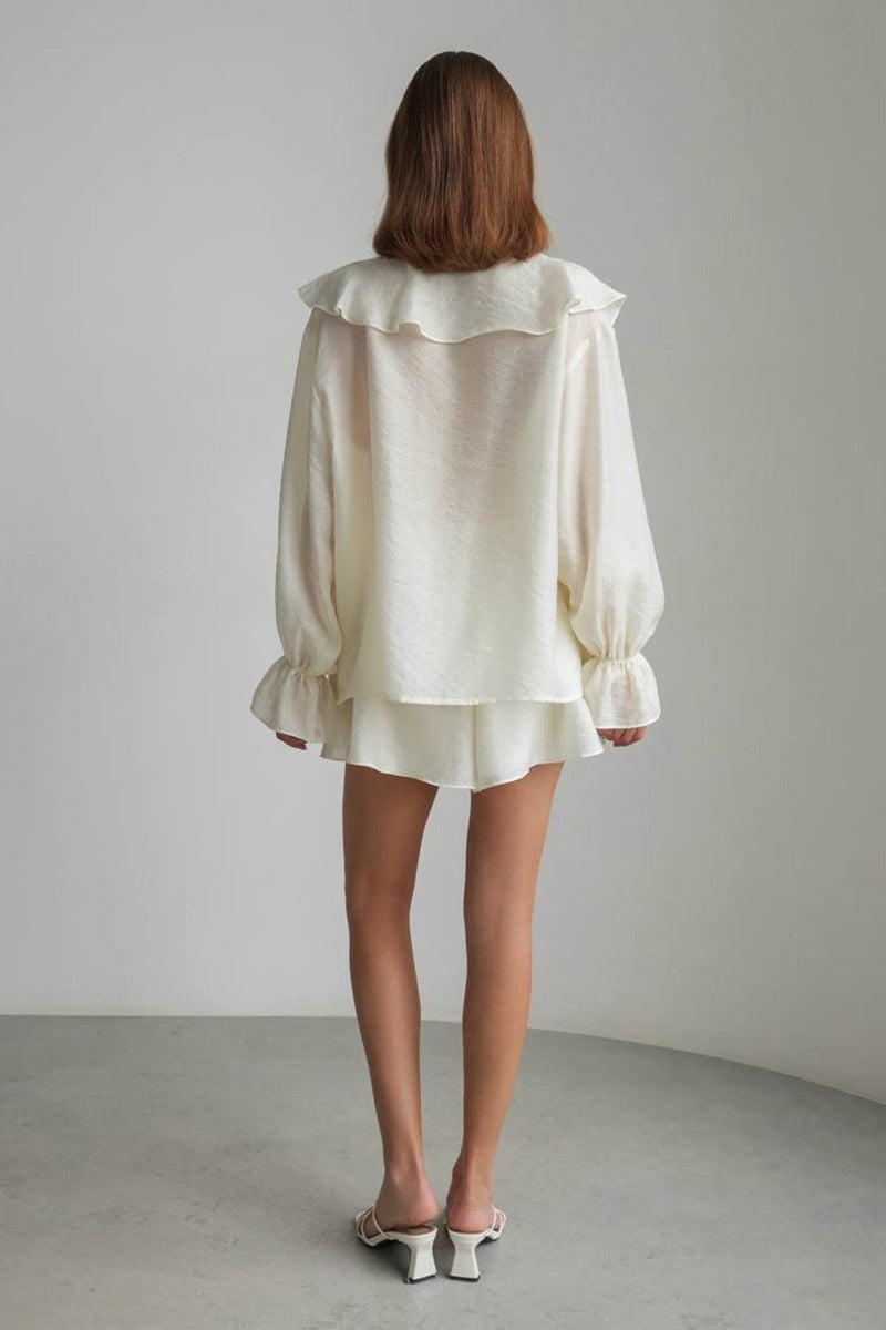 V Neck Ruffle Tie Front Blouse Shorts Set