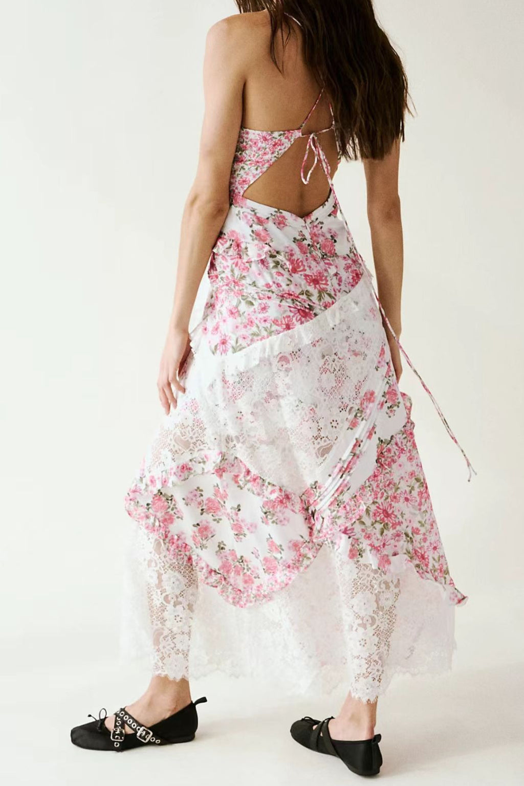 Floral Lace Panel Deep V Spaghetti Strap Maxi Dress