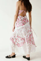 Vestido maxi floral con paneles de encaje, escote profundo en V y tiras finas