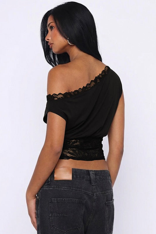Black Lace Patchwork Sleeveless Slim Crop Top