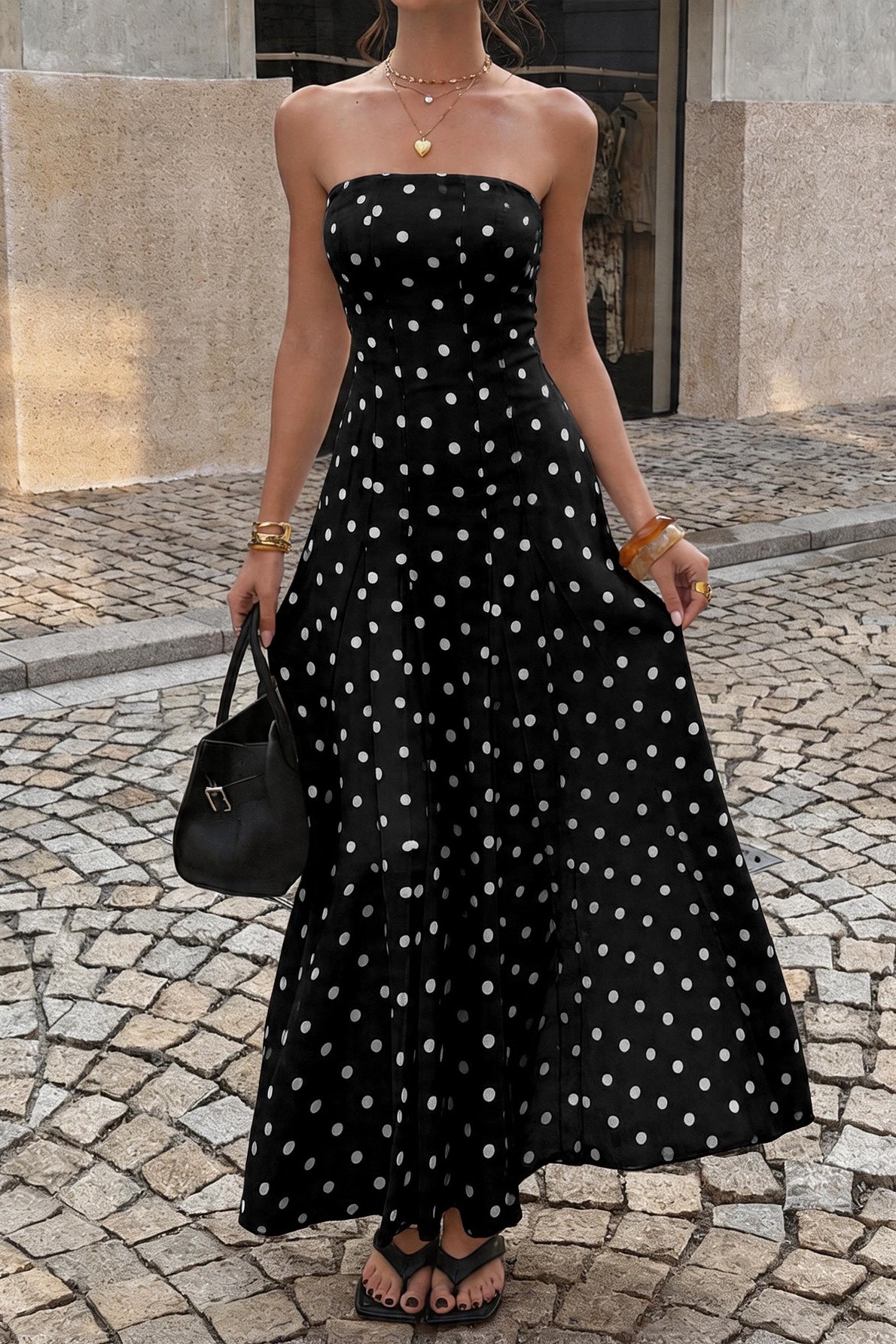 High Waist Polka Dot Strapless Slit Maxi Dress