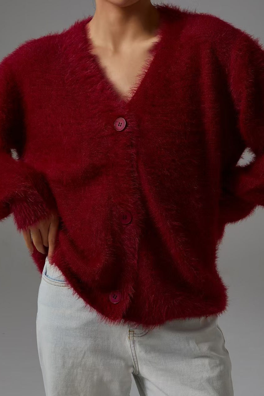 Faux Fur Blend V-Neck Cardigan