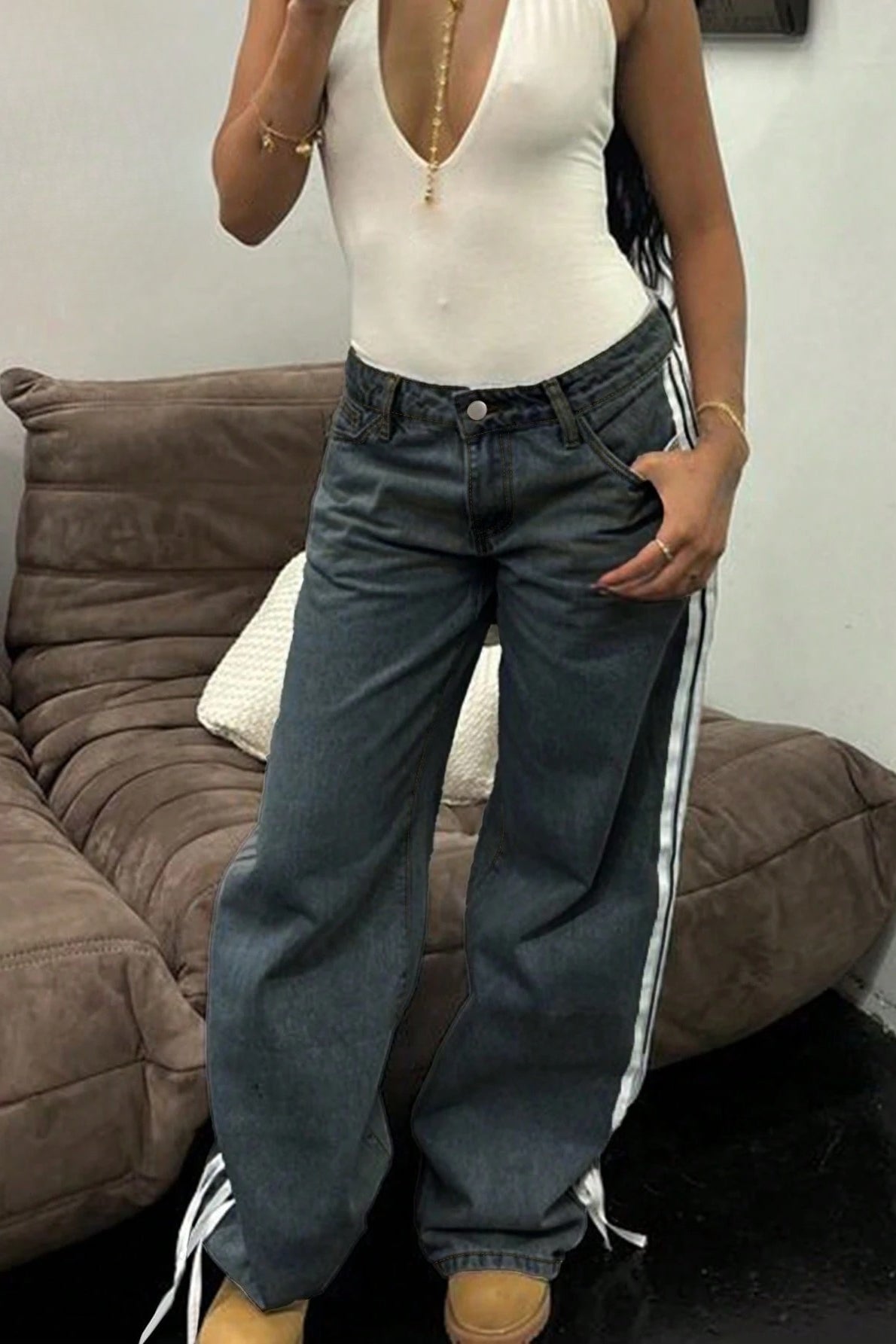 Y2K Side Bow Ribbon Straight Leg Street Style Jeans