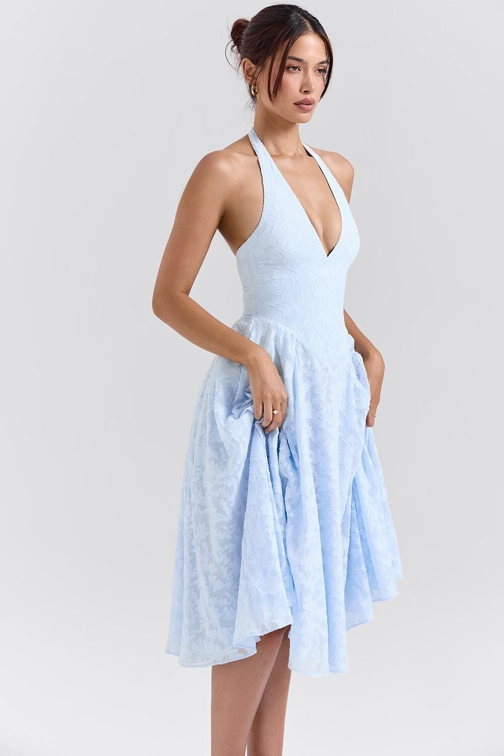 Romántico Azul Halter Jacquard Vestido de Fiesta