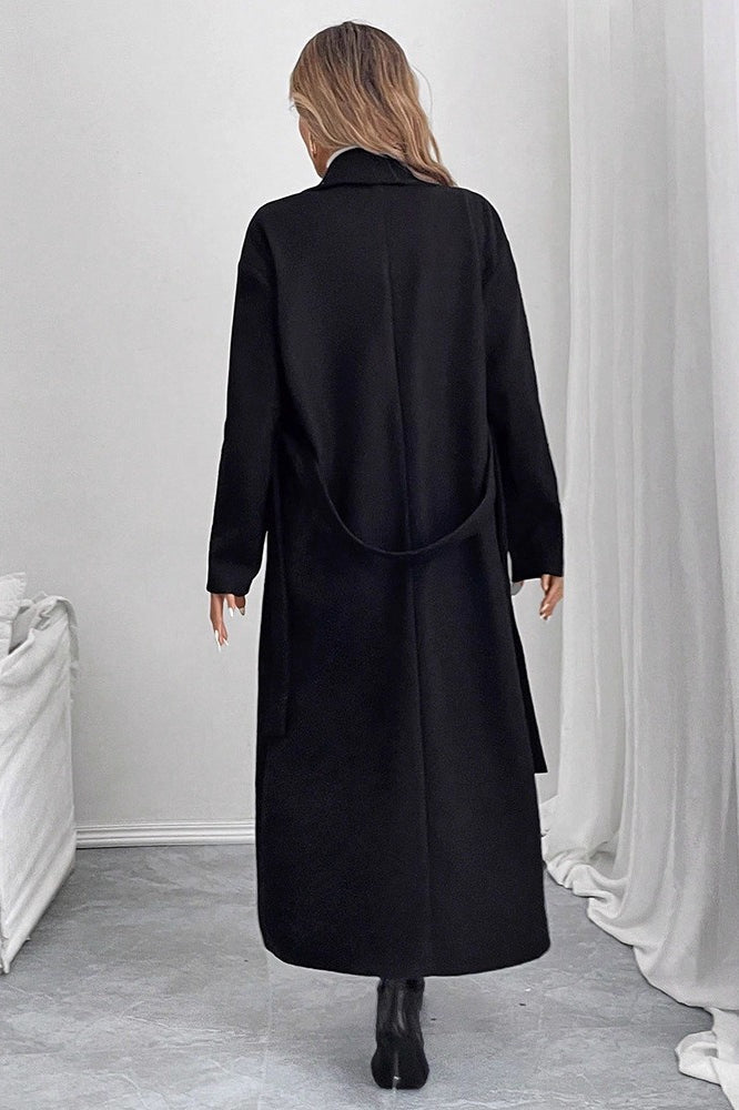 Black Belted Wool Blend Relaxed Overcoat