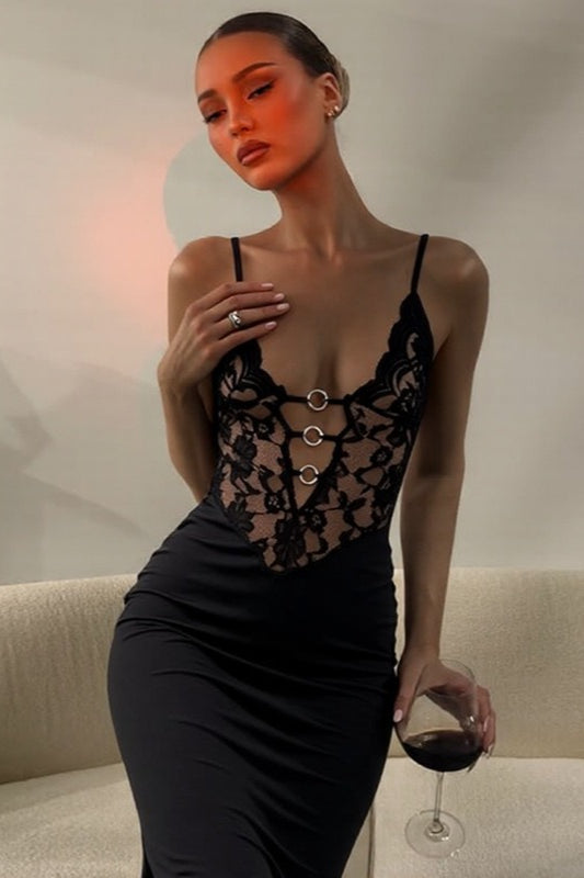 Black Lace Patchwork Deep V Bodycon Maxi Dress