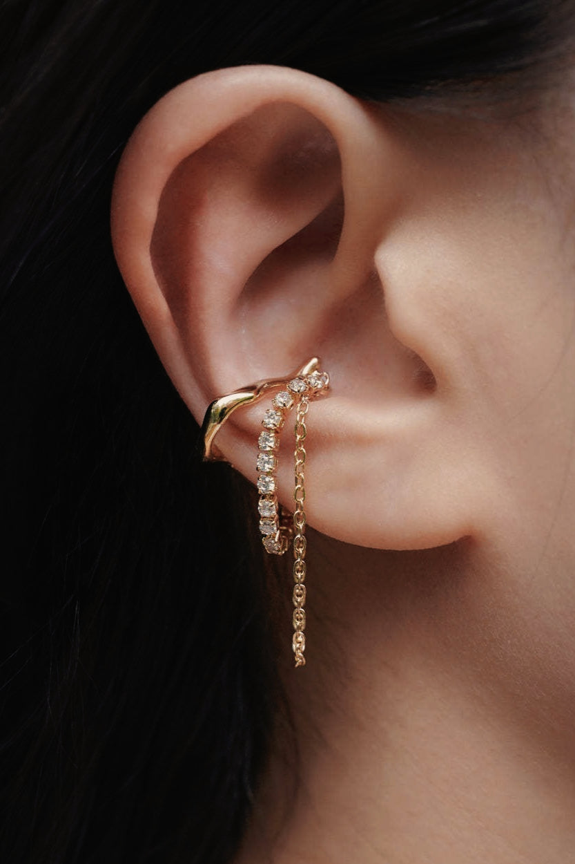 Oro 18K Circonita Con Flecos Aretes tipo Cuff