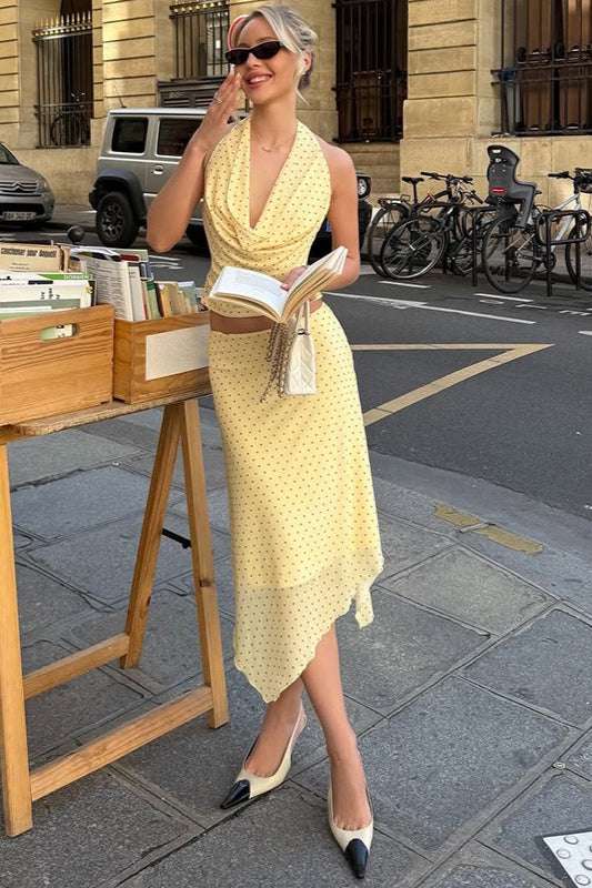 Yellow Polka Dot Draped Neck Asymmetrical Skirt Set