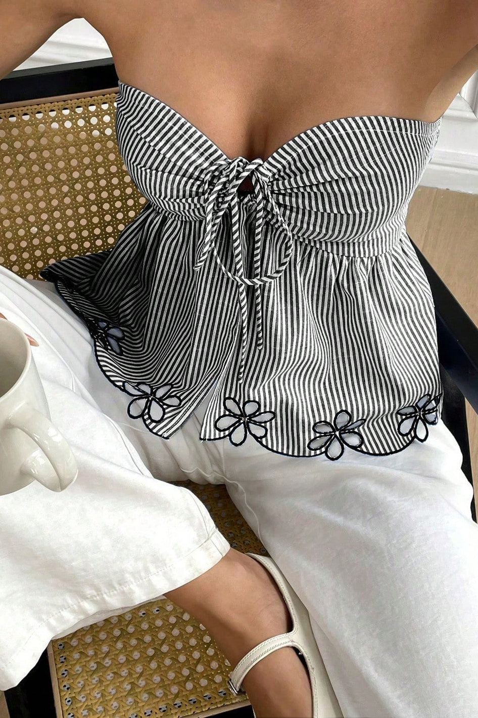 Embroidered Trim Plaid Tie Front  Tube Top