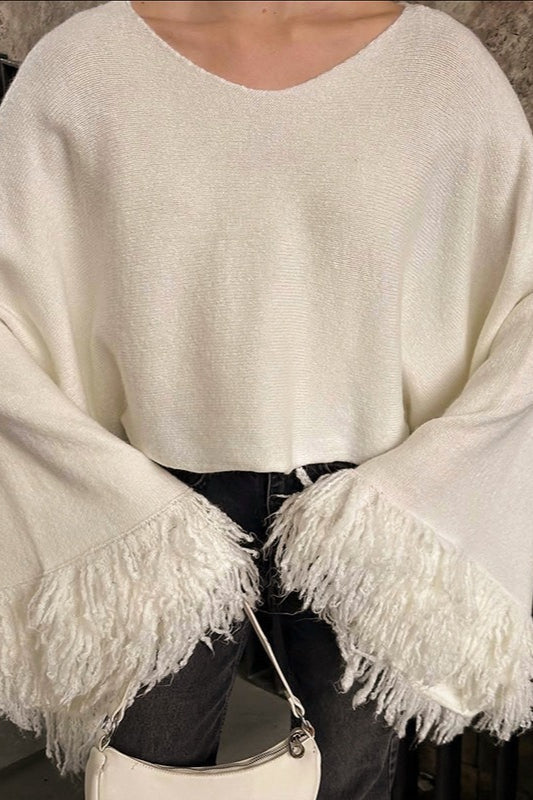 Corto (Cropped) Con Flecos Oversize Manga Larga Suéter