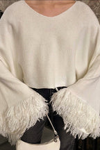 Corto (Cropped) Con Flecos Oversize Manga Larga Suéter
