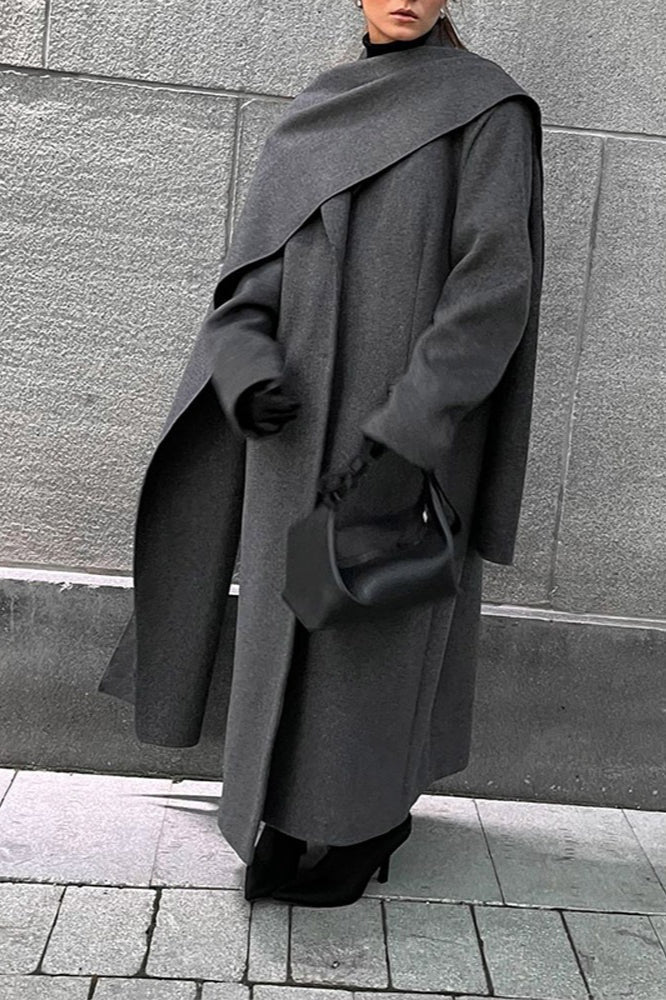 Long Line Scarf Neck Wool Style Overcoat