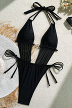 Bañador de una pieza negro de malla, con cuello halter y corte alto