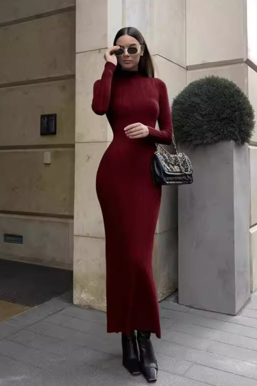 Elegante Cuello Alto A Rayas Vestido de Punto